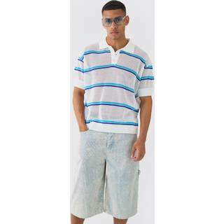 Mens White Oversized Boxy Open Stitch Stripe Polo