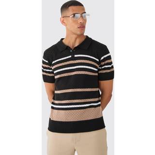 Mens Black Regular Fit Stripe Open Stitch Polo