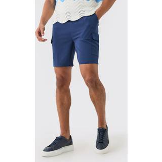 Mens Navy Elasticated Waist Skinny Fit Cargo Shorts