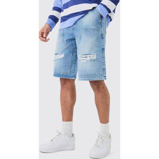 Mens Relaxed Rigid Ripped Carpenter Denim Jorts In Light Blue