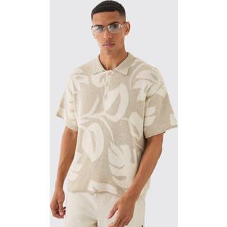 Mens Stone Oversized Boxy Tonal Jacquard Floral Knit Polo