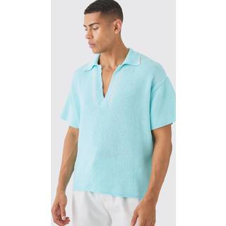 Mens Light Blue Regular Fit V Neck Knitted Polo With Tipping