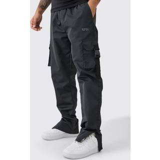 Mens Black Elasticated Waist Slim Fit Man Shell Split Hem Cargo