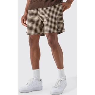 Mens Elasticated Waist Gingham Check Linen Look Relaxed Short In Brown