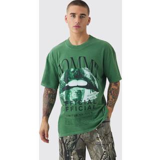 Mens Green Loose Washed Money Lip Print T-shirt