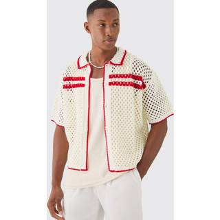 Mens White Oversized Boxy Open Knit Contrast Tipping Shirt