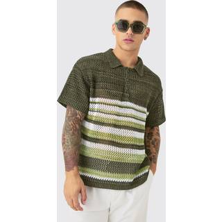 Mens Green Oversized Boxy Stripe Open Stitch Polo