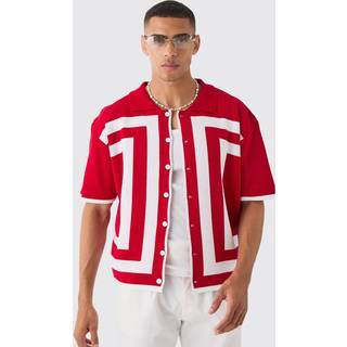 Mens Red Oversized Boxy Border Knit Revere Shirt