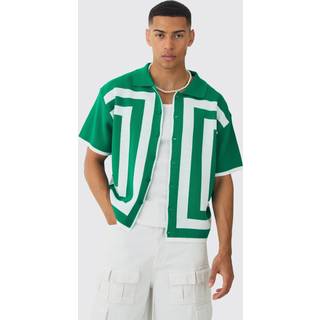 Mens Green Oversized Boxy Border Knit Revere Shirt