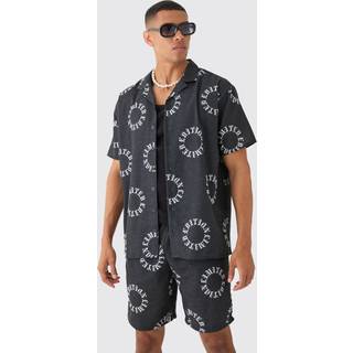 Mens Black Oversized Linen Look Monogram Shirt & Short Set