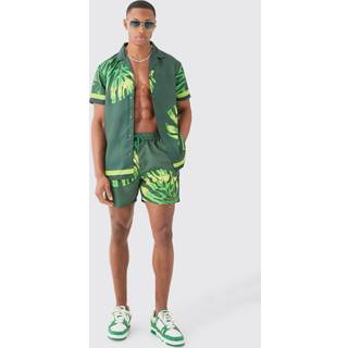 Mens Green Regular Leaf Shirt & Swim Short Set