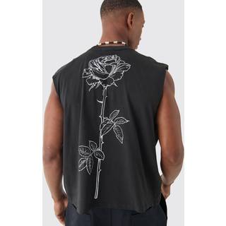 Mens Black Oversized Boxy Cropped Line Rose Print vest