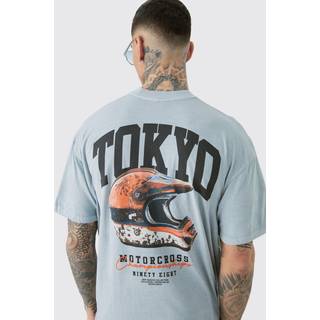 Mens Grey Tall Oversized Tokyo Back Print Overdye T-shirt