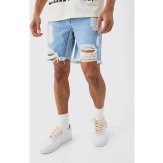 Mens Relaxed Rigid Ripped Gusset Denim Short In Light Blue