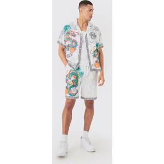 Mens Grey Boxy Viscose Dragon Shirt & Short Set