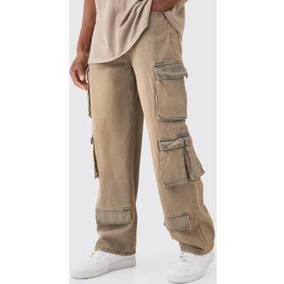 Mens Baggy Rigid Grey Tinted Multi Cargo Pocket Jeans