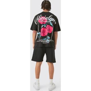 Mens Black Oversized Extended Neck Floral Large Graphic Shorts Set