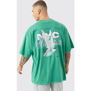 Mens Dark Green Oversized Extended Neck NYC Dove Back Print T-shirt