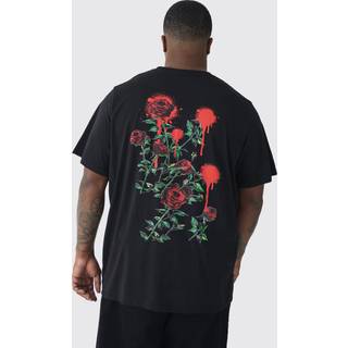 Mens Black Plus Rose Floral Back Print T-shirt