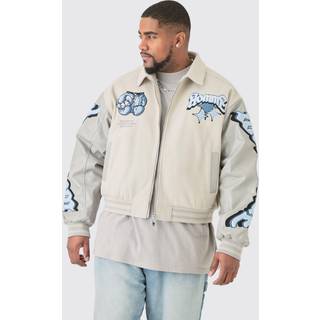 Mens Light Grey Plus Boxy Teddy Applique Bomber Jacket