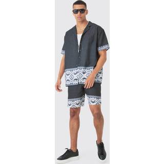 Mens Black Oversized Linen Look Border Hem Shirt & Short