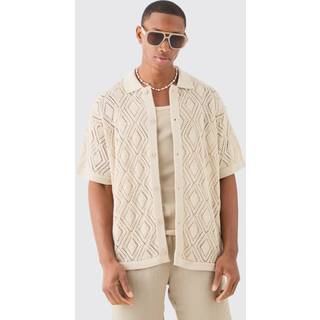 Mens Stone Boxy Oversized Patterned Open Stitch Knitted Shirt