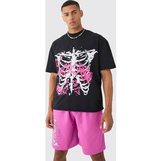 Mens Pink Oversized Extended Neck Raw Hem Skeleton T-shirt And Mesh Shorts Set