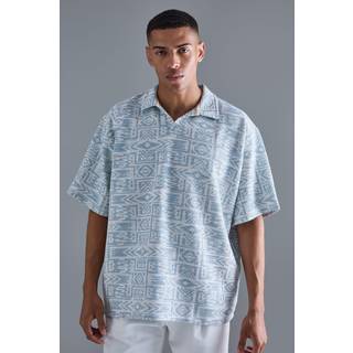Mens Blue Oversized Aztec Jacquard Rugby Half Sleeve Sweatshirt