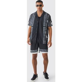 Mens Black Oversized Linen Look Tile Print Shirt & Short Set