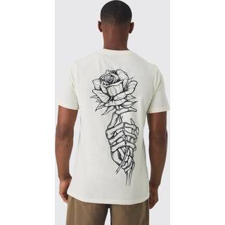 Mens Ecru Slim Fit Washed Rose Line Drawing Back Print T-shirt