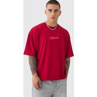 Mens Oversized Boxy Extended Neck Heavyweight Embroidered T-shirt - Red