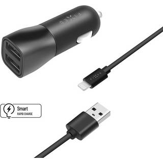 Fixed Dual Biloplader 15W m. 2 x USB-A & 1 x USB-A til Lightning Kabel - Sort