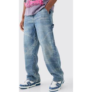 Mens Baggy Rigid Carpenter Crinkle Denim Jeans In Antique Blue