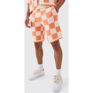 Mens Orange Relaxed Mid Length Check Knitted Short