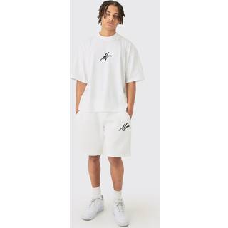 Mens Ecru Oversized Boxy Man Flock Printed T-shirt & Short Set