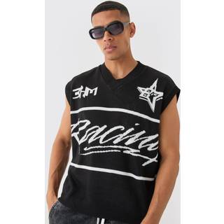 Mens Black Boxy Oversized Moto V Neck Vest