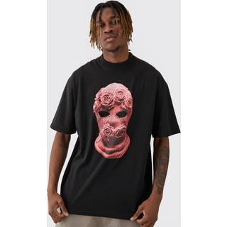 Mens Black Tall Oversized Balaclava Floral Print T-shirt