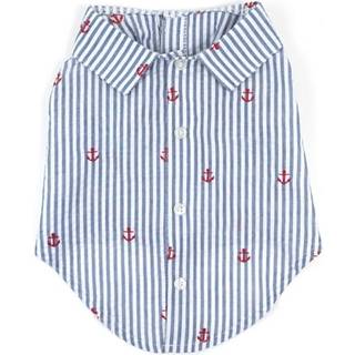 Den værdige hund broderede anker Stripe Seersucker -knap op se Pet Shirt Soft Light Breathable Outfits til Dogs Navy Blue - XS
