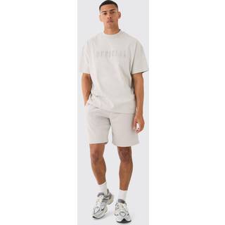 Mens Light Grey Oversized Extended Neck Official Embossed T-shirt & Short Set