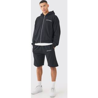 Mens Black Oversized Boxy Zip Through Hooded Short Tracksuit
