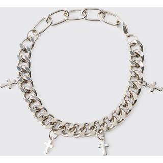 Mens Cuban Chain Bracelet With Cross Pendants In Silver