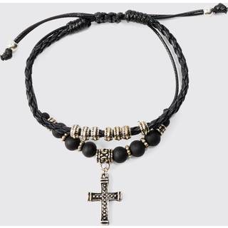 Mens 2 Pack Adjustable Cross Pendant Bracelets In Black