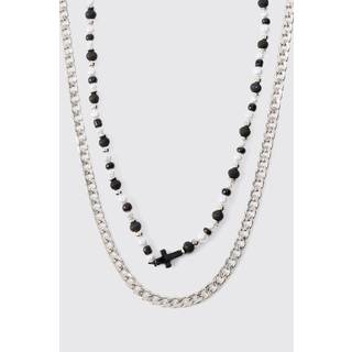 Mens 240mm 2 Pack Cross Beaded Necklace In Silver