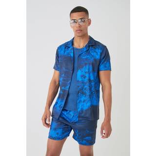 Mens Blue Short Sleeve Satin Tile Shirt & Short