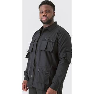 Mens Black Plus Long Sleeve Poplin Utility Pocket Overshirt