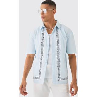 Mens Light Blue Concealed Placket Linen Blend Boarder Shirt