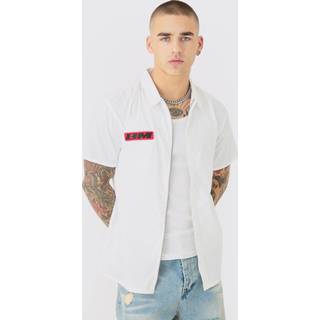 Mens White Short Sleeve Concealed Placket Moto Poplin Shirt
