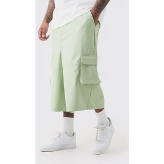 Mens Sage Plus Fixed Waist PU Panel Cargo Longline Shorts