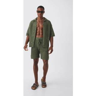 Mens Khaki Oversized Open Stitch Shirt & Short Set