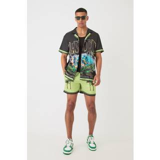 Mens Green Short Sleeve Satin Oversized Resort Shirt & Short